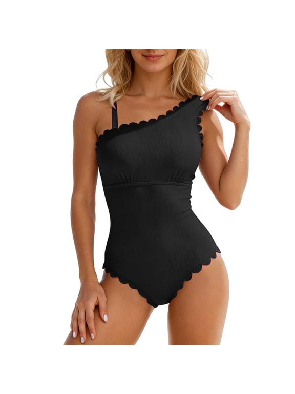 Women's One Piece Swimsuit One Shoulder Scalloped Ribbed Swimsuits Slimming Bathing Suit Full Coverage Modest Slimming Swimwear Tummy Control One Piece Beach Bathing Suit Black L