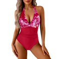 thumbnail image 1 of VISALY Women's One Piece Swimsuit Tummy Control Halter Tankini Bathing Suits V Neck Slimming 1 Piece Swimwear Halter Swimsuit Tummy Control Ruched Front Twist Bathing Suit for Beach Pool Red M, 1 of 5
