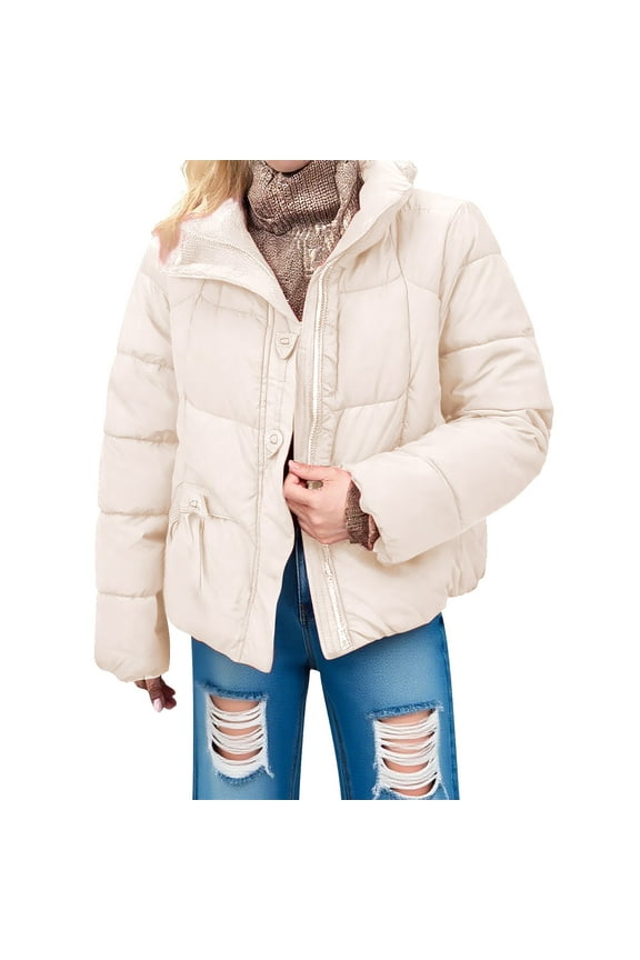 Women's Oversized Puffer Full Zip Quilted Bubble Coats Padded Long Sleeve Winter Warm Coat Zip Up Short Puffer Tunic Jackets Beige M