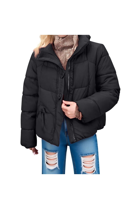 Women's Oversized Puffer Full Zip Quilted Bubble Coats Padded Long Sleeve Winter Warm Coat Zip Up Short Puffer Tunic Jackets Black Xl