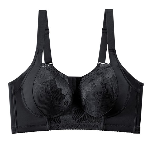 VISALY Women's Plus Size Custom Bust Shaping Minimizer Bras Push Up Full Coverage Lift T-Shirt Bra Wirefree Comfort Bralette Non‑Padded Breathable Floral Lace Underwear Support Bra Black 75E
