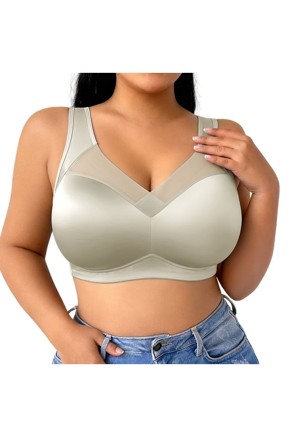 Women's Plus Size Satin Deep V Neck Mesh Oversized Comfort Support Bralette Soft Everyday Underwear Plus Size Wireless Bra Full Coverage Seamless Tshirt Bras with Support and Lift Beige L