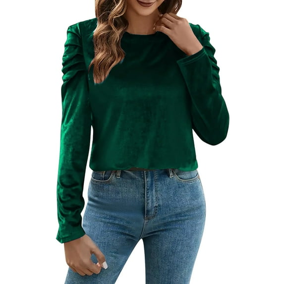 VISALY Women's Puff Long Sleeve Velvet Tops Base Layers Crewneck Blouses Stretchy Slimming Shirts Trendy Dressy Casual Blouses Elegant Office Shirts Fall Classy Work Holiday Party Outfit Green Xl