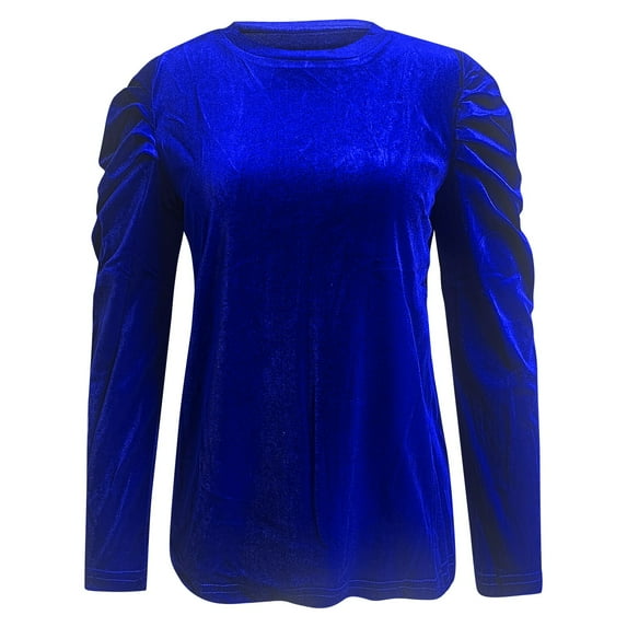 VISALY Women's Puff Long Sleeve Velvet Tops Base Layers Crewneck Blouses Stretchy Slimming Shirts Trendy Dressy Casual Blouses Elegant Office Shirts Fall Classy Work Holiday Party Outfit Blue M