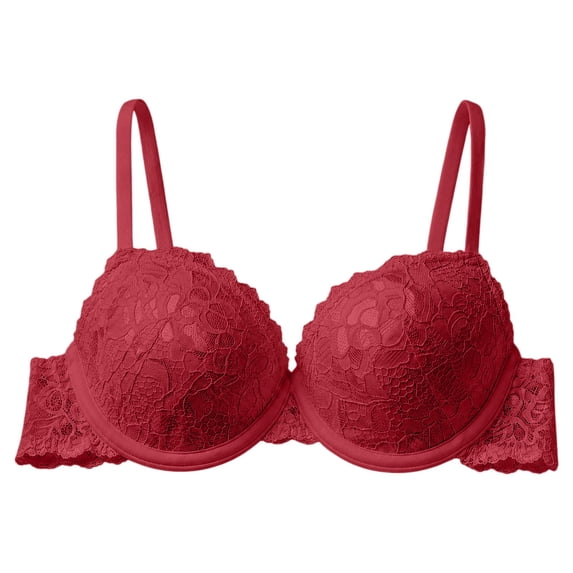 VISALY Women's Push Up Lace Bra Comfort Padded Underwire Bra Full Coverage Lift Up Minimizer T-Shirt Bralettes Comfy Plus Size Floral Lace Padded Support Lifting Bust Shaping Underwear Red 85C