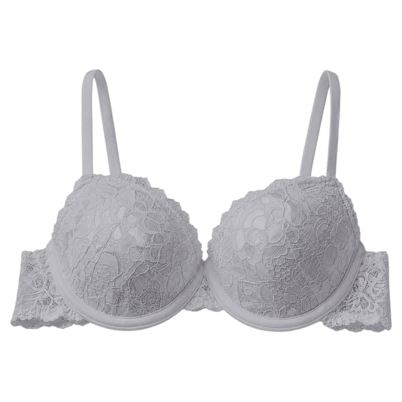 VISALY Women's Push Up Lace Bra Comfort Padded Underwire Bra Full Coverage Lift Up Minimizer T-Shirt Bralettes Comfy Plus Size Floral Lace Padded Support Lifting Bust Shaping Underwear Grey 75B