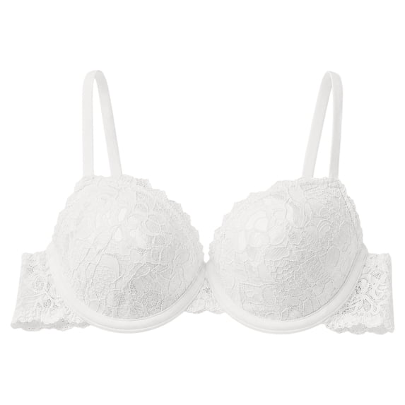 VISALY Women's Push Up Lace Bra Comfort Padded Underwire Bra Full Coverage Lift Up Minimizer T-Shirt Bralettes Comfy Plus Size Floral Lace Padded Support Lifting Bust Shaping Underwear White 85B