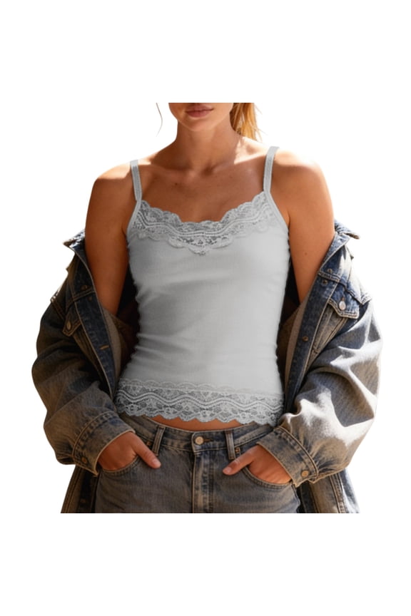 Women's Ribbed Lace Trim Cami Tank Top Ribbed Knit Sleeveless Camisole Tops with Lace Hem Slim Fit Basic Layering Top Soft Stretch Summer Cami Undershirt Casual Cute Basic Cami Tank Grey Xl