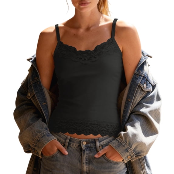 VISALY Women's Ribbed Lace Trim Cami Tank Top Ribbed Knit Sleeveless Camisole Tops with Lace Hem Slim Fit Basic Layering Top Soft Stretch Summer Cami Undershirt Casual Cute Basic Cami Tank Black Xl