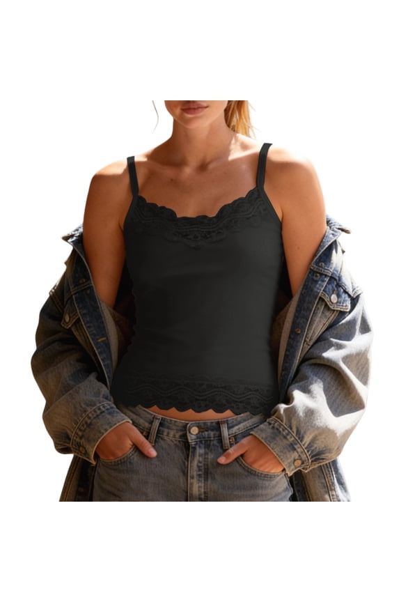 Women's Ribbed Lace Trim Cami Tank Top Ribbed Knit Sleeveless Camisole Tops with Lace Hem Slim Fit Basic Layering Top Soft Stretch Summer Cami Undershirt Casual Cute Basic Cami Tank Black M
