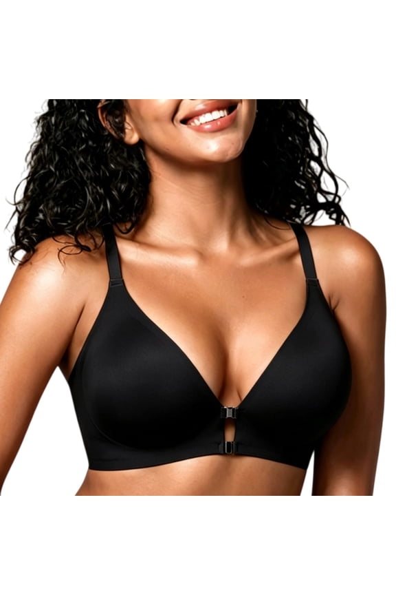 Women's Seamless Wireless Plunge Bra Front Closure with Metal Racerback Full Support Comfort Bralette Deep V Neck Racerback Wireless Push Up Bralettes Comfy No Underwire Bra Black M