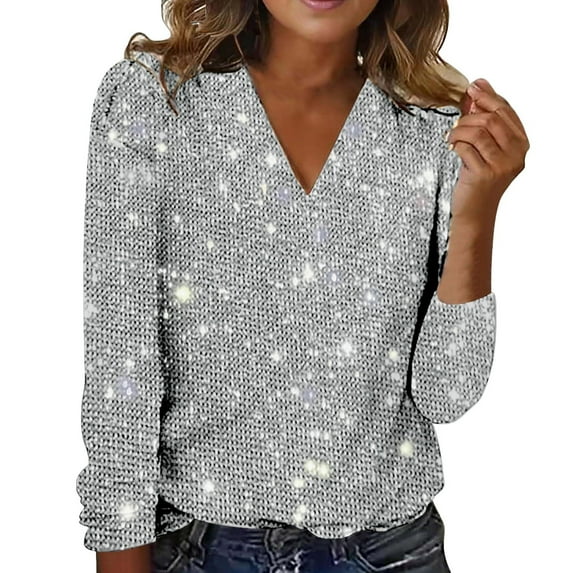 VISALY Women's Sequin Blouses Shinny Fashion Casual V Neck Long Sleeve Shirt Elegant Sparkly Glitter Casual Dressy Tops for Happy New Year Party Trendy Holiday Sparkle Tops Basic Shirts Silver Xl