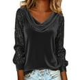 thumbnail image 1 of VISALY Women's Sequin Sleeve Cowl Neck Velvet Blouse Soft Glitter Sparkly Long Sleeve Pullover Slimming Shirts Casual Dressy Shirts Elegant Blouses for Evening Party Fashion Outfits Black L, 1 of 6