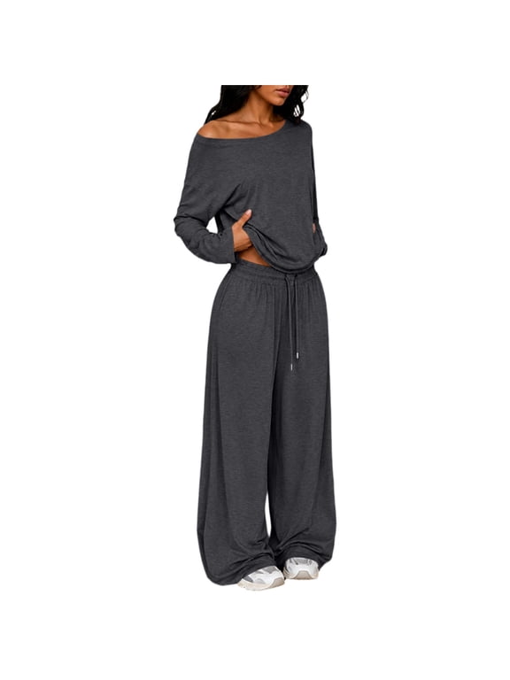 Women's Off Shoulder Loungewear Set Trendy 2 Piece Outfit Loose Long Sleeve Shirts Drawstring Wide Leg Pants Casual Sweatsuit Soft Lightweight Matching Sets Loose Jogger Outfits Dark Gray S