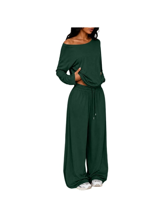 Women's Off Shoulder Loungewear Set Trendy 2 Piece Outfit Loose Long Sleeve Shirts Drawstring Wide Leg Pants Casual Sweatsuit Soft Lightweight Matching Sets Loose Jogger Outfits Green S