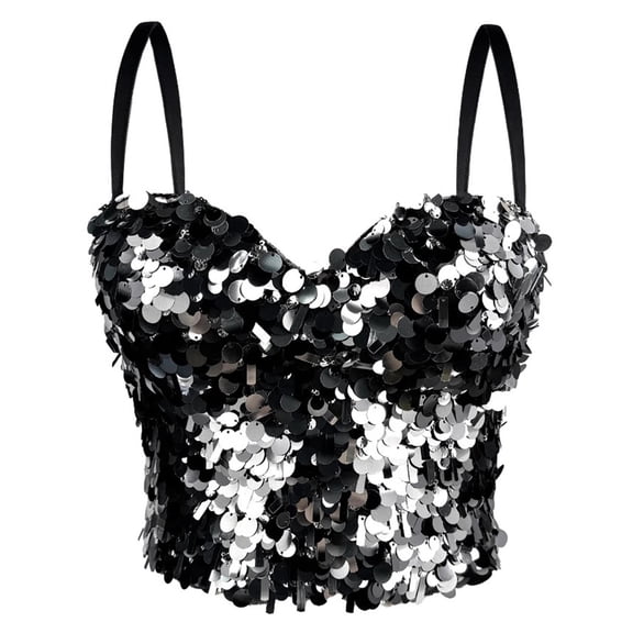 VISALY Women's Sparkly Sequin Bustier Crop Top Shiny Sequin Push Up Club Party Corset Top&nbsp;Glitter Camisole Tank Top Spaghetti Strap Top Tight Fitting Tank Top Trendy Sleeveless Tube Tops Black L
