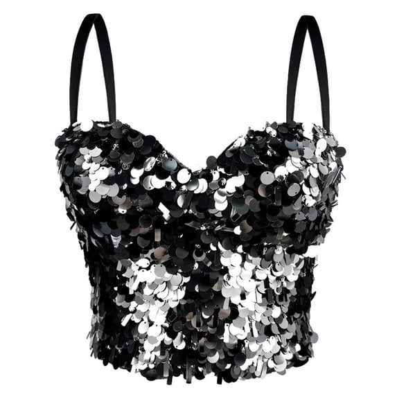 VISALY Women's Sparkly Sequin Bustier Crop Top Shiny Sequin Push Up Club Party Corset Top Glitter Camisole Tank Top Spaghetti Strap Top Tight Fitting Tank Top Trendy Sleeveless Tube Tops Black L