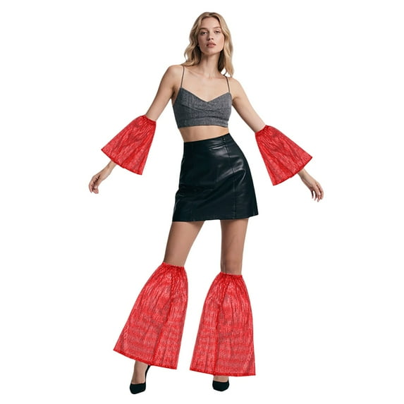 VISALY Women's Sparkly Sequin Flared Leg Warmers Sheer Mesh Accessories Shiny Sequin Detachable Leg Warmers Costume Accessories for Party (Only Sequins Knee Flared Sleeve Leg Warmers) Red One Size