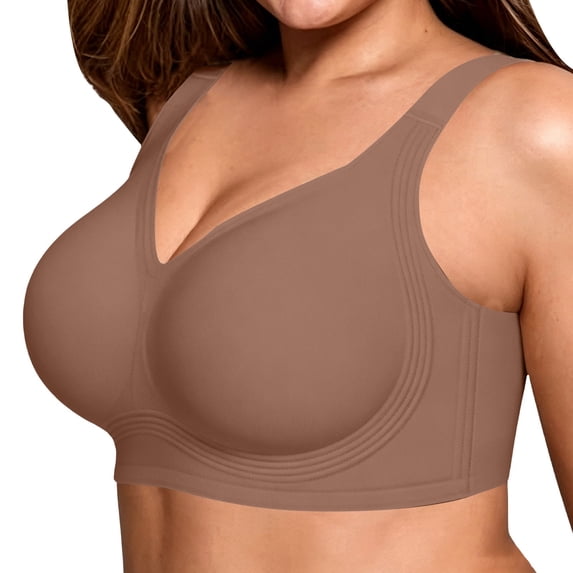 VISALY Women's Supportive Wireless Push-Up Bra Full Coverage Seamless Comfort No Underwear Lift Bralette Plus Size Lift Bust Shaping Bra Wide Strap Everyday Underwear for Older Women Coffee S