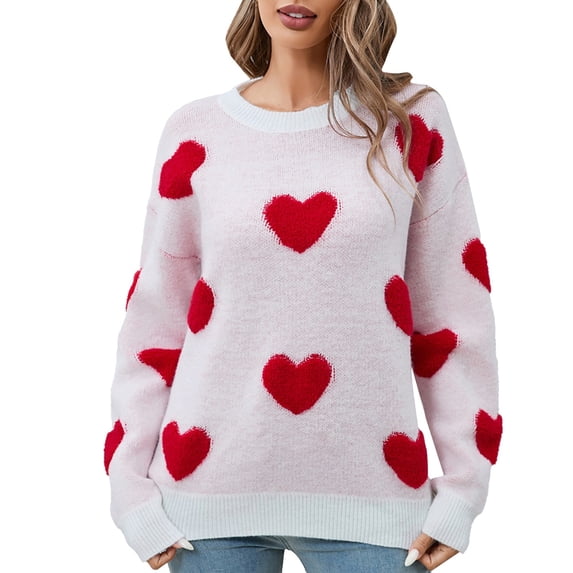 VISALY Women's Valentines Day Sweater Heart Sweater Loose Casual Pullover Sweater Knit Sweater Loose Fit Knit Pullover Warm Sweaters Tunic Sweaters Fitted Pullover Sweater White L