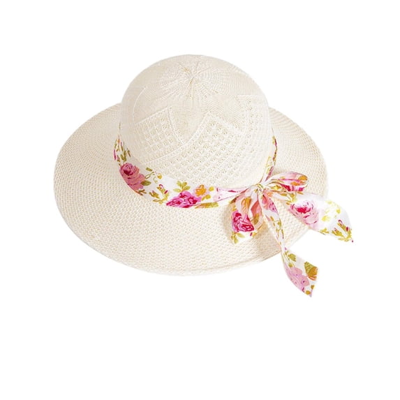 VISALY Women's Wide Brim Straw Sun Hat with Floral Ribbon Bow Foldable Summer Uv Protection Beach Hat Wide Brim Foldable Beach Vacation Sun Hats Basic Straw Linen Sunscreen Sunshade Visor Cap Whitea