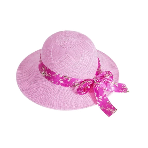 VISALY Women's Wide Brim Straw Sun Hat with Floral Ribbon Bow Foldable Summer Uv Protection Beach Hat Wide Brim Foldable Beach Vacation Sun Hats Basic Straw Linen Sunscreen Sunshade Visor Cap Pinka
