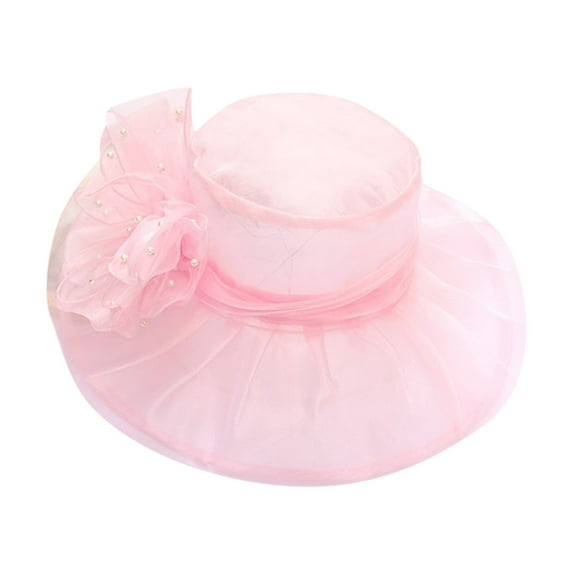 VISALY Women's Wide Brim Sun Fascinator Hat Wide Brim Sun Hats Summer Sunhat with Uv Protection Wedding Tea Party Derby Hats Flowers Fascinators Organza Church Derby Hat Wide Brim Hat Pink One Size