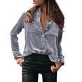 thumbnail image 1 of VISALY Women's Winter Velvet Top Fashion Long Sleeve Shirt Button Up Shirts with Pocket Warm Soft Business Casual Blouses V Neck Collared Cardigan Fall Jacket Plus Sized Tunic Blouses Silver L, 1 of 6