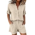 thumbnail image 1 of VISALY Womens 2 Piece Linen Short Sets Roll-Up Short Sleeve Button Down Collared Shirt Elastic High Waist Shorts Set Lightweight Casual Summer Tracksuit Beach Vacation Two Piece Outfit Khaki M, 1 of 6