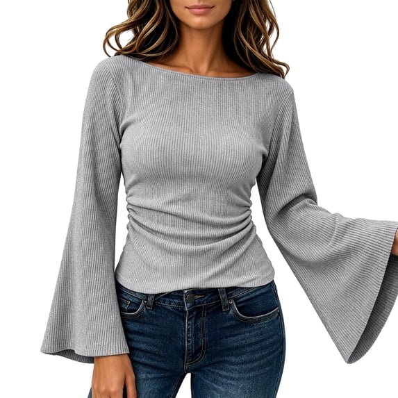 VISALY Womens Bell Long Sleeve Ribbed Knit Sweater Tops Trendy Boat Neck Cropped Going Out Shirts Ruched Slim Fit Casual Layer Pullover Sweater Business Casual Work Blouses Cute Fall Outfit Grey Xxl