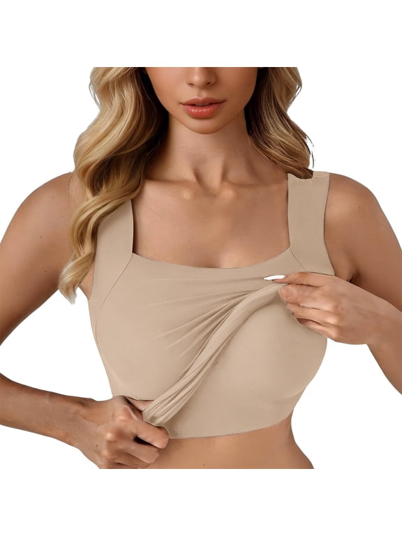 Womens Built In Bra Shapewear Tank Top Wide Strap Stretchy Seamless Camisole Vest Top Square Neck Tight Shapewear Tank Top Cami Shirts Plain Tank Shirts Soft Stretch Womens Cami Khaki M