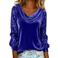 thumbnail image 1 of VISALY Womens Cowl Neck Velvet Blouse Sequin Sleeve Pullover Top Elegant Glitter Sparkly Long Sleeve Shirts Fall Winter Dressy Casual Blouses Trendy Basic Tee Shirts Tunic Tops for Party Blue L, 1 of 5