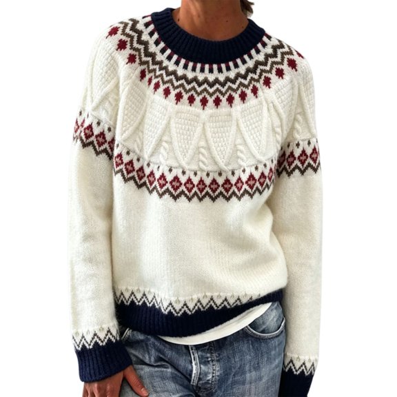VISALY Womens Fair Isle Sweaters Plus Size Vintage Long Sleeve Crewneck Knitted Sweater Graphic Sweater Loose Fashion Pullover Tops Pullover Sweaters Pull Over Sweaters Plus Size Sweater Beigexxl