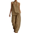 thumbnail image 1 of VISALY Womens Linen 2 Piece Sets Fashion Sleeveless V Neck Halter Top Matching Baggy Wide Leg Long Pants Set Summer Casual Outfits Trendy Loose Fit Cotton Linen Matching Lounge Set Gold Xxl, 1 of 6