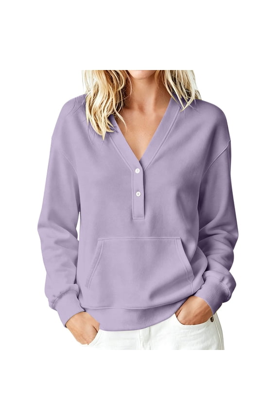 Womens Long Sleeve Sweatshirt No Hood Pullover Oversized V Neck Henley Button Long Sleeve Front Pocket Loose Fit Sweatshirt Relaxed Fit Soft Lightweight Pullover Top Light Violet S