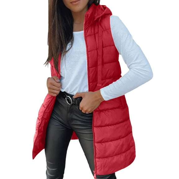 VISALY Womens Mid Long Puffer Vest Hooded Sleeveless Winter Coats Quilted Warm Zip Up Padded Outerwear Jackets with Poskets B S