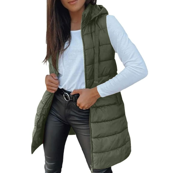 VISALY Womens Mid Long Puffer Vest Hooded Sleeveless Winter Coats Quilted Warm Zip Up Padded Outerwear Jackets with Poskets Blackish Green M