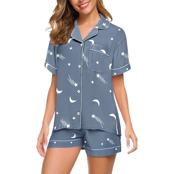 VISALY Womens Pajama Sets Button Down Pajamas Matching Pajama Set Soft Pajama Loungewear Set Sleepwear Summer Short Sleeved Lapel Shirt Shorts Set Plus Size Home Wear Blue L
