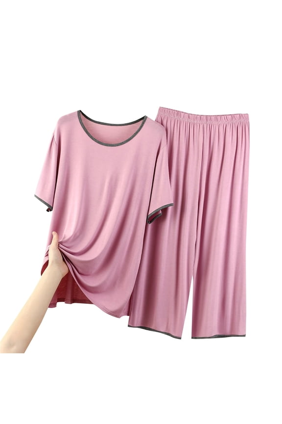 Womens Pajama Sets Cotton Pajamas for Women Set Short Sleeve Pajama Set Lounge Sets Women's Sleepwear Crewneck Pullover Home Wear Casual Comfy Soft Pajama Set Matching Pajama Set E L