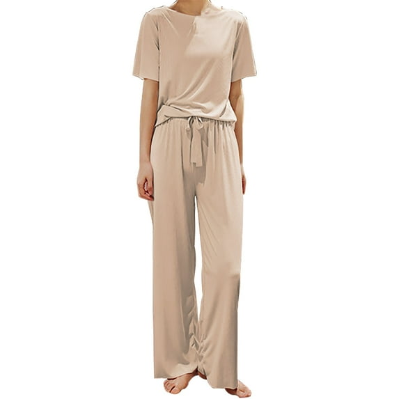 VISALY Womens Pajama Sets Loose Set Matching Pajama Set Comfy Pajamas Crewneck Short Sleeve Top Long Wide Leg Pants Sets Sleepwear Lounge Sets Beige L