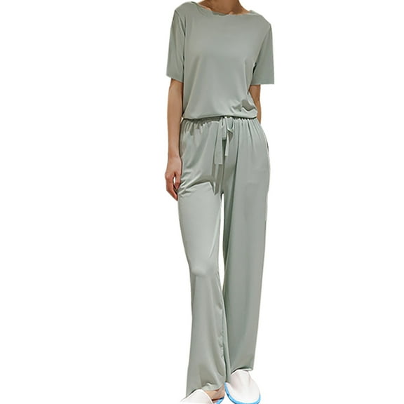VISALY Womens Pajama Sets Loose Set Matching Pajama Set Comfy Pajamas Crewneck Short Sleeve Top Long Wide Leg Pants Sets Sleepwear Lounge Sets Green Xl