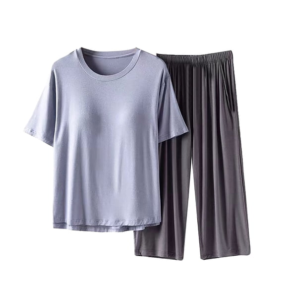 VISALY Womens Pajama Sets Matching Pajama Set Loungewear Round Neck Solid Color Short Sleeved Shirts with Capri Pants Spring Summer Loose Casual Sleepwear Set Blue 3Xl