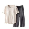 thumbnail image 1 of VISALY Womens Pajama Sets Matching Pajama Set Loungewear Round Neck Solid Color Short Sleeved Shirts with Capri Pants Spring Summer Loose Casual Sleepwear Set Beige L, 1 of 4