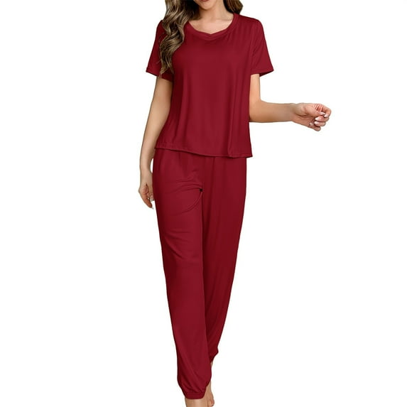 VISALY Womens Pajama Sets Matching Pajama Set Sleepwear Comfy Lounge Set Soft Short Sleeve Round Neck Top Loose Pajama Pants Long Jogger Bottom Red Xl