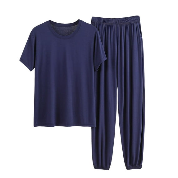 VISALY Womens Pajama Sets Plus Size Set Solid Color Short Sleeves Tops Basic Shirts Sweatpant Set Wide Leg Pants Workout Set Loungewear Set Comfy Sleepwear Navy Xl