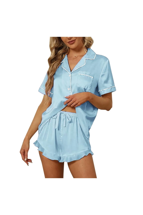 Womens Pajama Sets Silk Pajama Set Shorts Set Short Sleeve Top Summer Satin Sets Button Down Pajamas Comfy Two Piece Sleepwear Sets Blue S