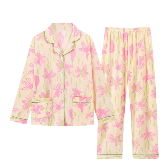 VISALY Womens Pajama Sets Soft Sleepwear Flower Print Button Down Pajamas Loose Plus Size Home Clothes Casual Cotton Shirts Long Sleeved Pajamas Two Piece Set Purple Xxl