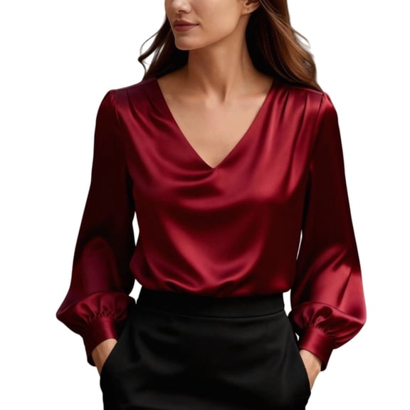 VISALY Womens Satin Blouse V Neck Silky Elegant Dressy Casual Blouses Long Sleeve Fashion Business Casual Tops Puffed Sleeved Shirts Trendy Wrinkle Free Blouses Slim Fitted Tops Fall Outfits Red M