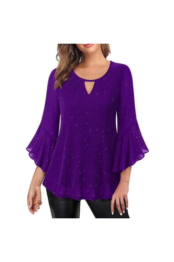 Womens Sequin Bell Sleeve Blouse Keyhole Neck Shirt Sparkly Glitter 3/4 Sleeve Elegant Dressy Casual Tops Tunic Tops Double Layers Loose Fit Mesh Blouses Basic Evening Party Shirt Purple Xl