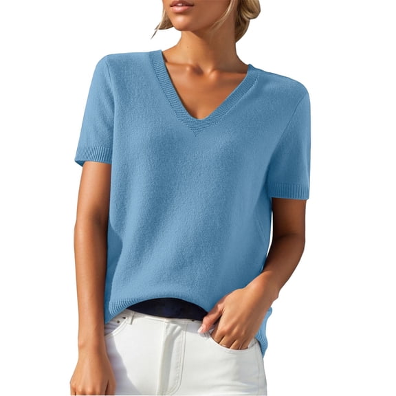 VISALY Womens Short Sleeve Sweater Casual Summer V Neck Pullover Tops Knit Sweater Blouse Lightweight Sweater Shirts Crop Tops Business Casual Outfit Beach Vacation Clothes Sky Blue Xxl